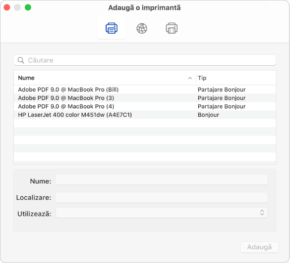 Dialogul “Adaugă o imprimantă” afișând opțiunile implicite pentru selectarea unei imprimante și adăugarea unui nume și a unei localizări, precum și meniul pop‑up “Utilizează” pentru alegerea tipului de imprimantă.