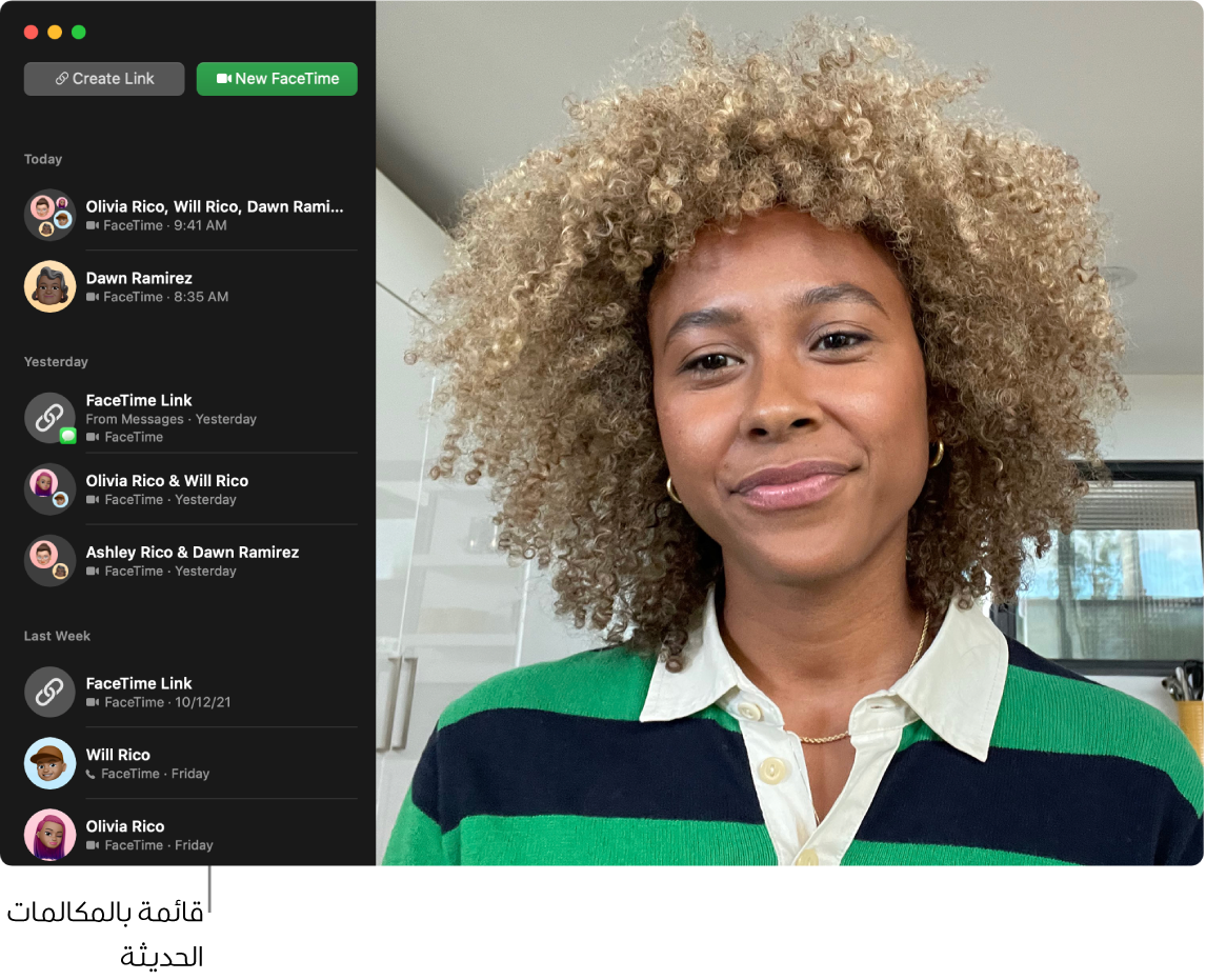 نافذة FaceTime توضح كيفية إجراء مكالمة فيديو أو صوتية، واستخدام حقل البحث لإدخال تفاصيل جهة الاتصال أو البحث عنها، وعرض قائمة المكالمات الحديثة.