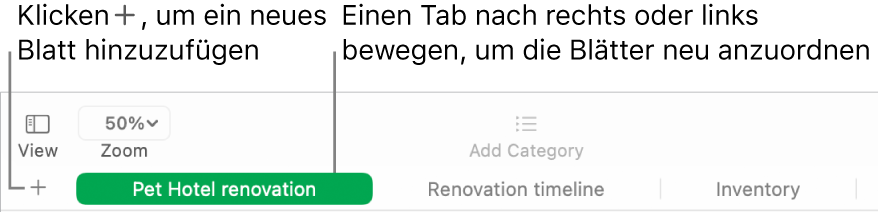 Numbers-Fenster mit Informationen zum Hinzufügen eines neuen Rechenblatts und zum Neuanordnen der Blätter