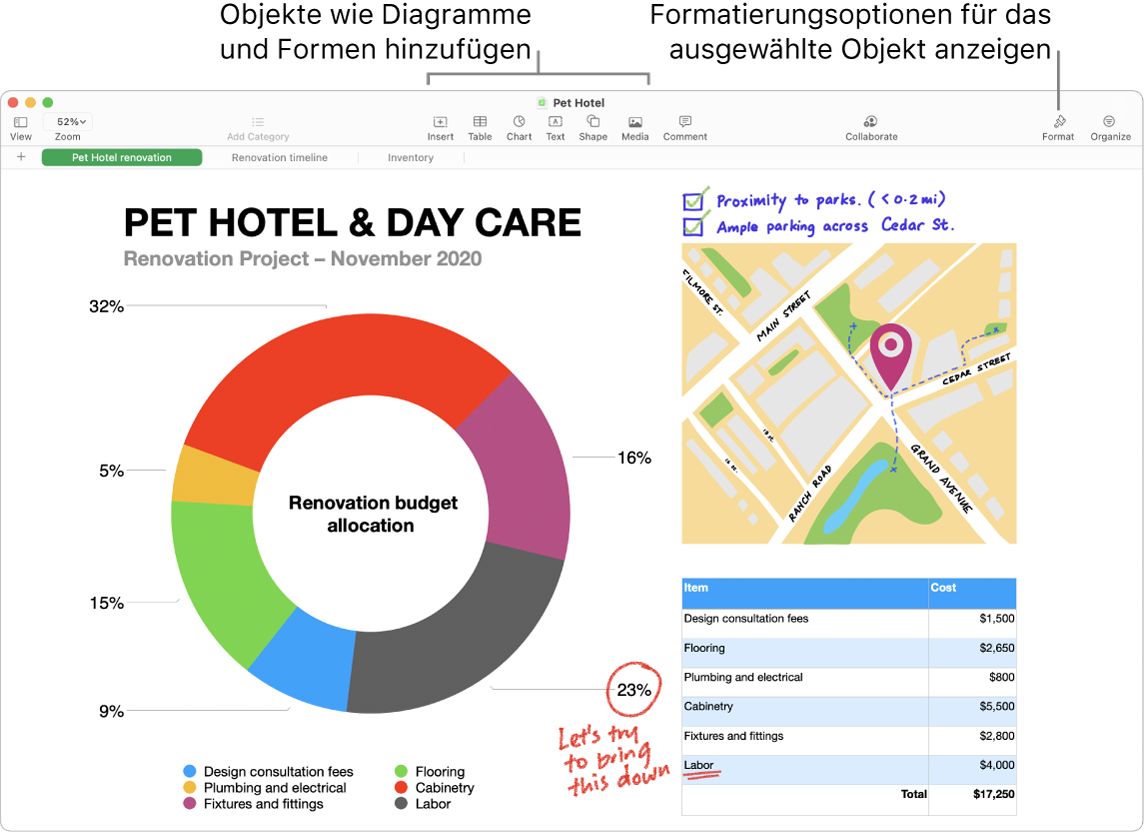 Ein Numbers-Fenster mit Symbolleiste und Bearbeitungswerkzeugen oben, der Taste „Zusammenarbeiten“ oben rechts und den Tasten „Format“ und „Organisieren“ rechts. Der Tab „Diagramme“ ist in der Seitenleiste „Format“ geöffnet.