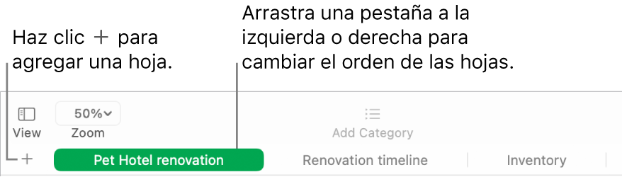 Ventana de Numbers mostrando cómo agregar una hoja nueva y cómo cambiar el orden de las hojas.