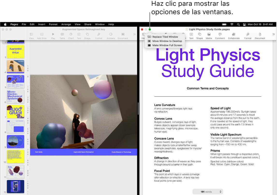 Una presentación de Keynote en la parte izquierda de la pantalla y un documento de Pages en la derecha. Se abre un menú desplegable debajo del botón verde mostrando las opciones “Reemplazar ventana en mosaico”, “Mover ventana al escritorio” y “Abrir la ventana en pantalla completa”. 