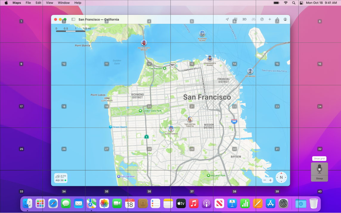 Mapas abierto en el escritorio con una cuadrícula sobrepuesta.