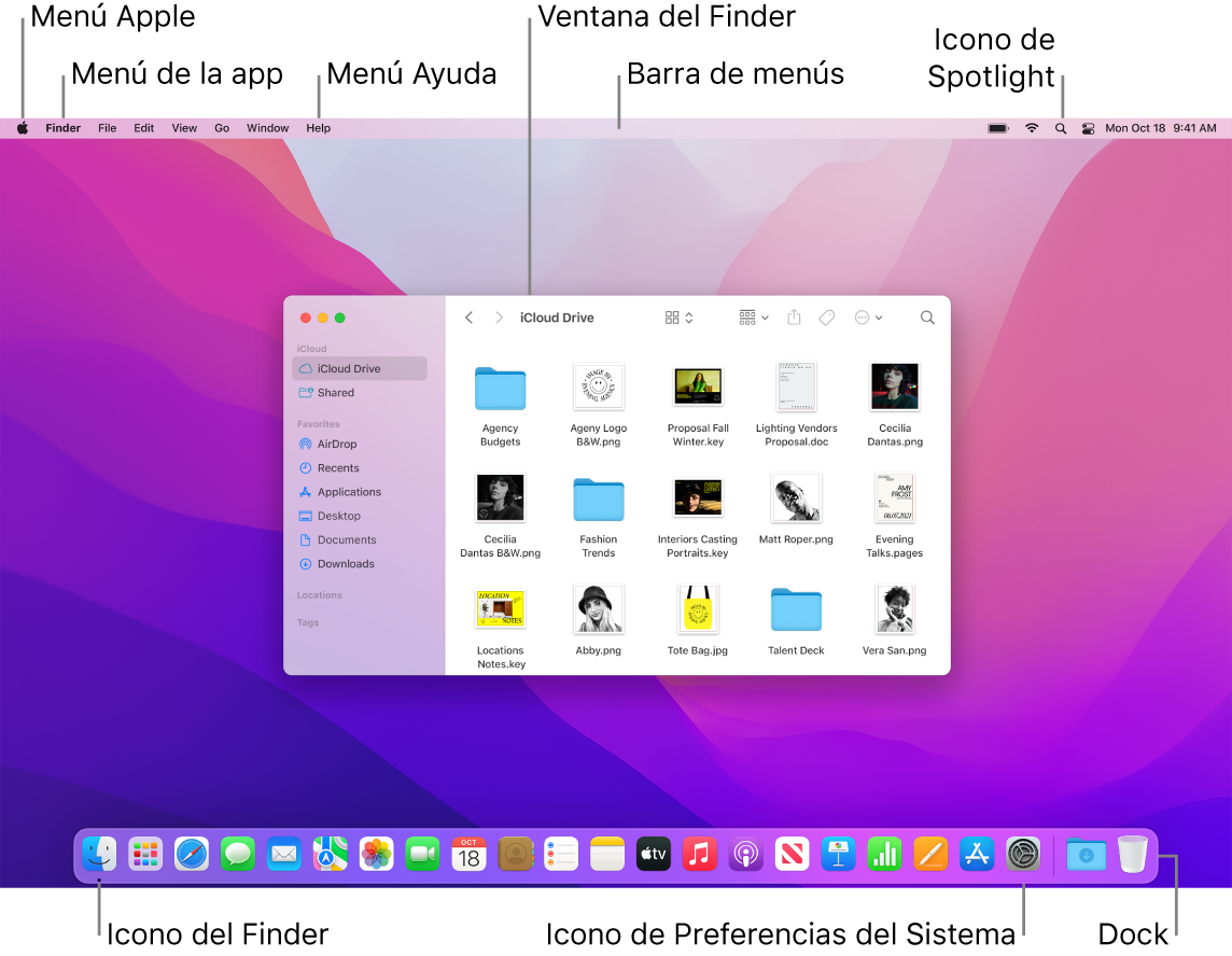 La pantalla de un Mac en la que se muestra el menú Apple, el menú Ayuda, una ventana del Finder, la barra de menús, el icono de Spotlight, el icono del Finder, el icono de Preferencias del Sistema y el Dock.