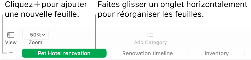 Fenêtre de Numbers indiquant comment ajouter une nouvelle feuille et réorganiser des feuilles.