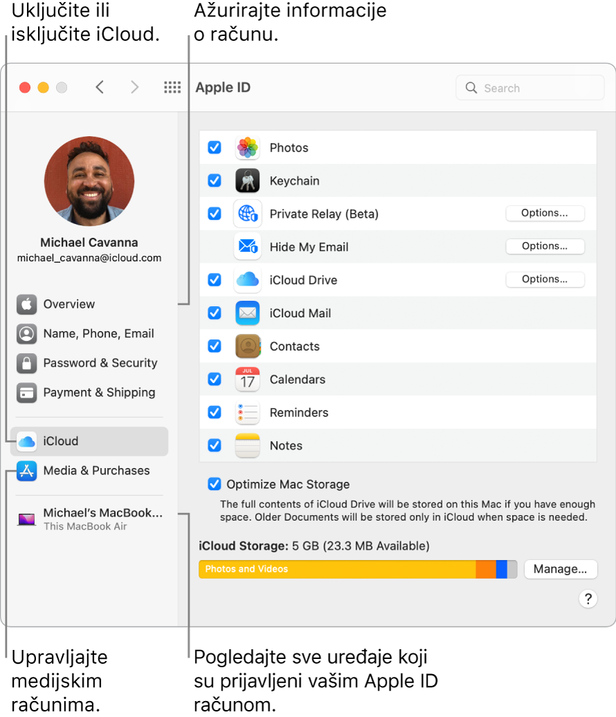 Prozor Apple ID-ja u Postavkama sustava. Kliknite stavku u rubnom stupcu za ažuriranje podataka o računu, uključite ili isključite iCloud, upravljajte medijskim računima i pregledajte sve uređaje na koje ste prijavljeni koristeći svoj Apple ID.