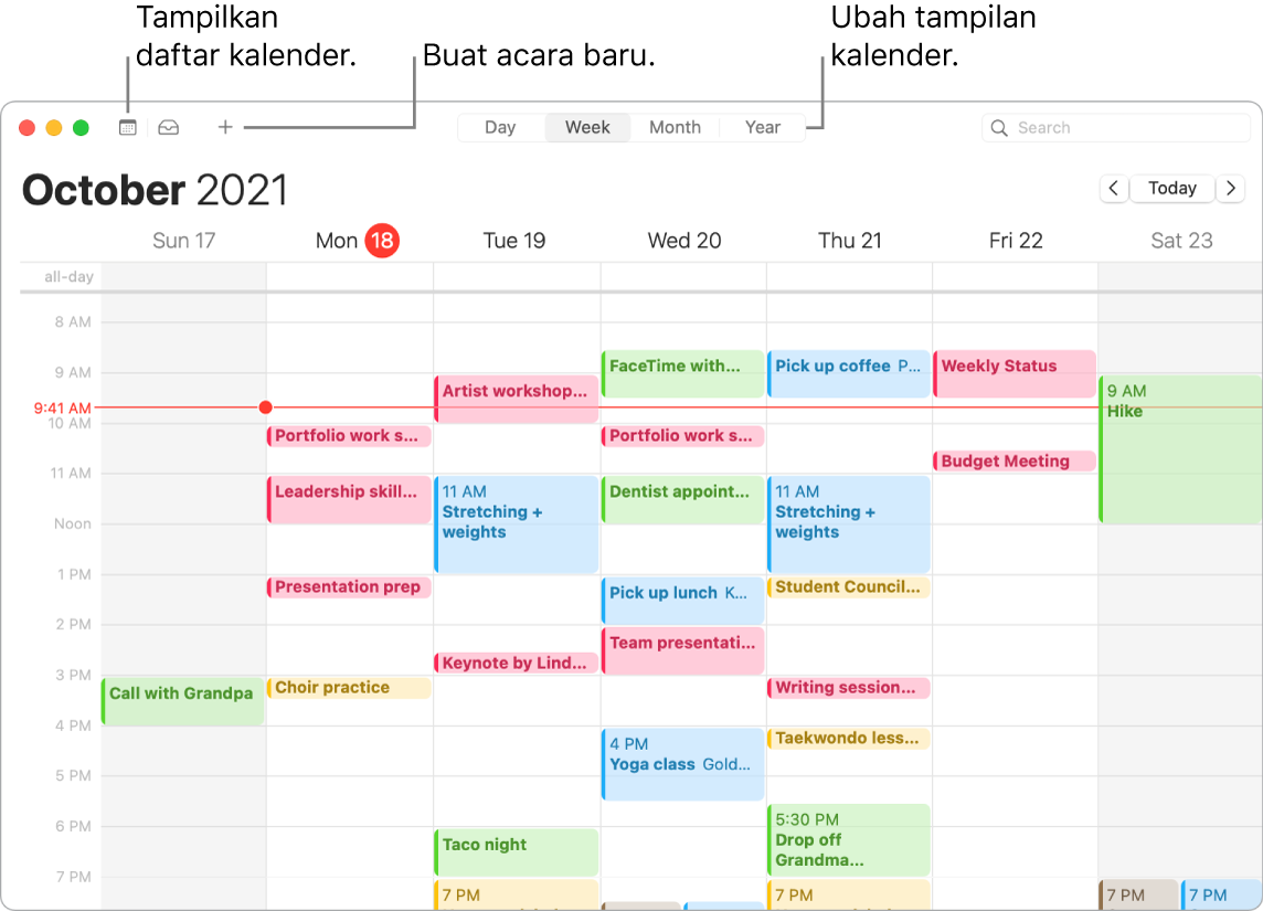 Jendela Kalender menampilkan cara membuat acara, menampilkan daftar kalender, dan memilih tampilan Hari, Minggu, Bulan, atau Tahun.