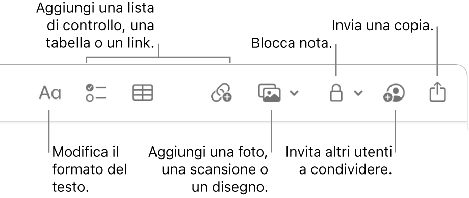 La barra degli strumenti di Note con didascalie per gli strumenti formato di testo, elenco di controllo, tabella, link, foto/media, blocco, condivisione e invio di una copia.