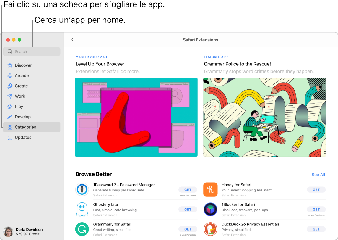 Finestra di App Store che mostra il campo di ricerca e una pagina delle estensioni di Safari.