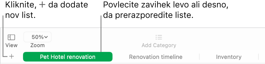 Okno aplikacije Numbers, v katerem je prikazano, kako dodati nov list in kako spremeniti vrstni red listov.