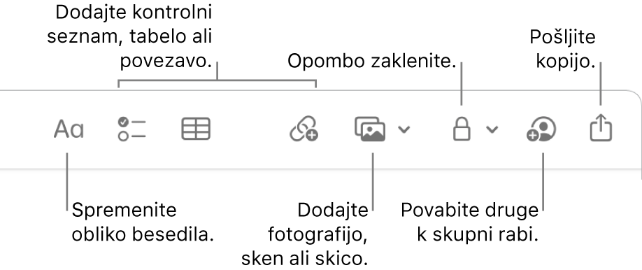 Orodna vrstica Notes z oblački za obliko besedila, kontrolni seznam, tabelo, povezavo, fotografije/medije, zaklenite, delite in pošljite orodja za kopiranje.