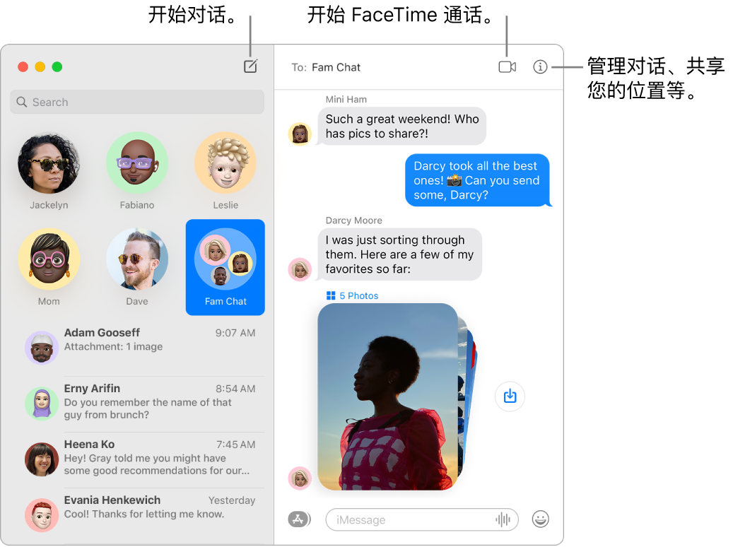 “信息”窗口，显示如何开始对话和如何开始进行 FaceTime 通话。