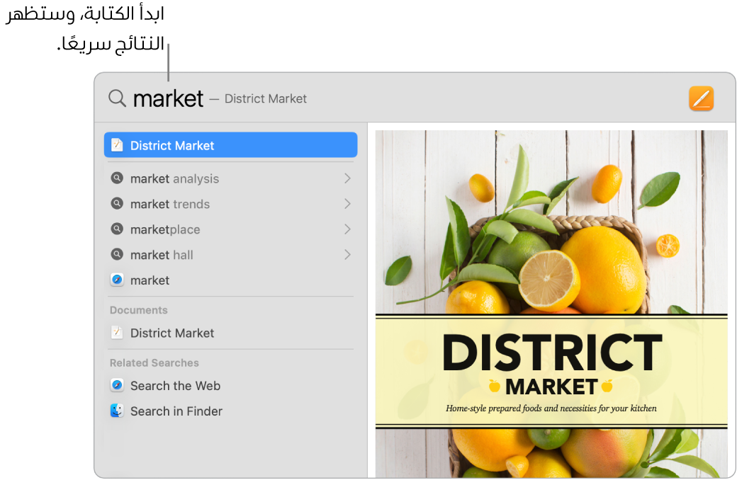 نافذة Spotlight تظهر بها نتائج البحث على اليمين.