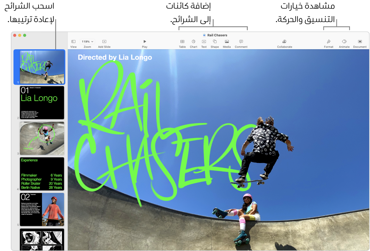 نافذة Keynote تعرض متصفح الشرائح على اليمين وكيفية إعادة ترتيب الشرائح، وشريط الأدوات وأدوات التحرير الخاصة به في الأعلى، والزر تعاون بالقرب من أعلى اليسار، والأزرار تنسيق وحركة والمستند على اليسار.