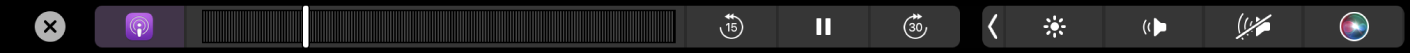 الـ Touch Bar الخاص بتطبيق البودكاست أثناء تشغيل بودكاست.