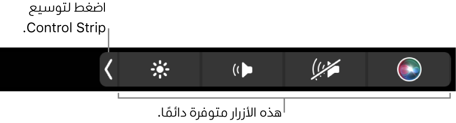 جزء من الشاشة الافتراضية لـ Touch Bar، ويظهر به الـ Control Strip المطوي. اضغط على زر التوسيع لعرض الـ Control Strip بالكامل.