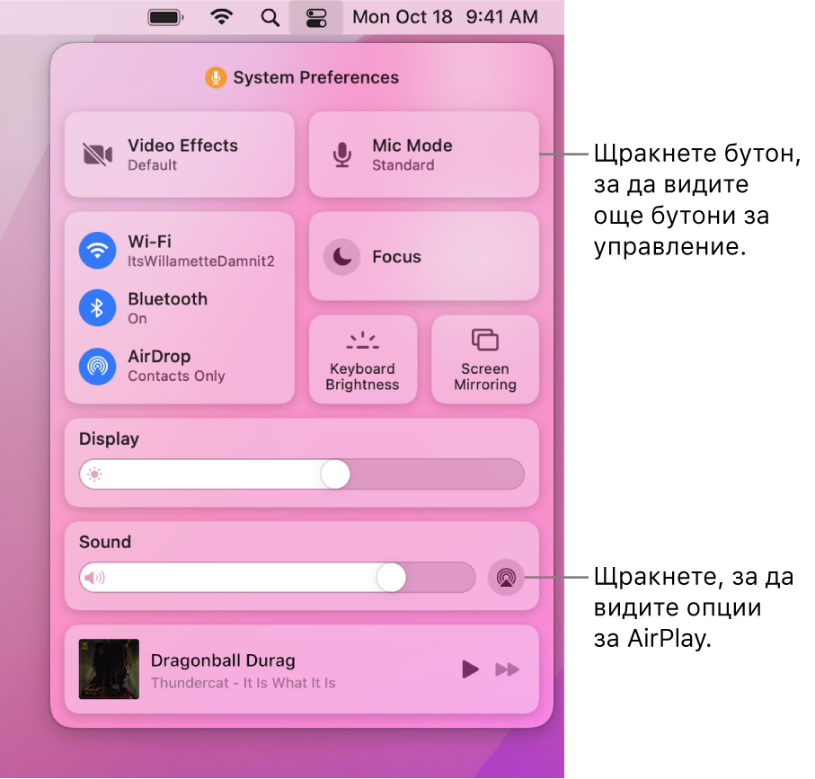 Увеличен преглед на Контролен център на вашия  Mac с надпис за бутона Display (Екран).