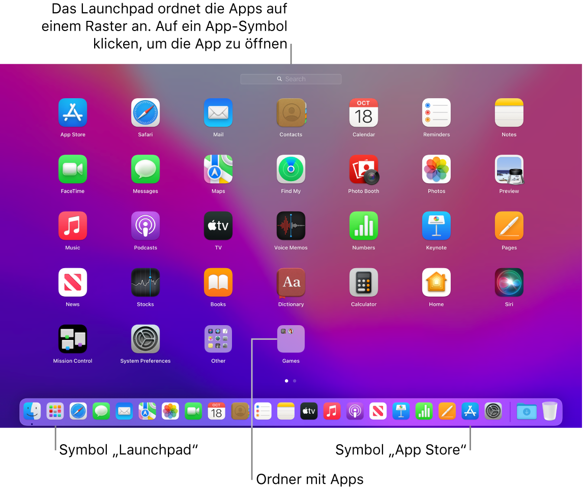 Ein Mac-Bildschirm mit geöffnetem Launchpad, mit einem Ordner mit Apps im Launchpad und dem Launchpad-Symbol und App Store-Symbol im Dock