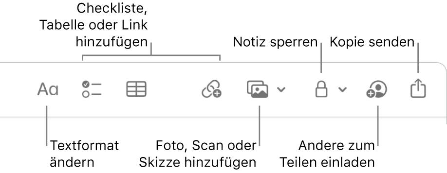 Die Symbolleiste der App „Notizen“ mit Legenden zu den Tools für Checklisten, Tabellen, Links, Fotos/Medien, Schutz, Teilen und Senden einer Kopie.