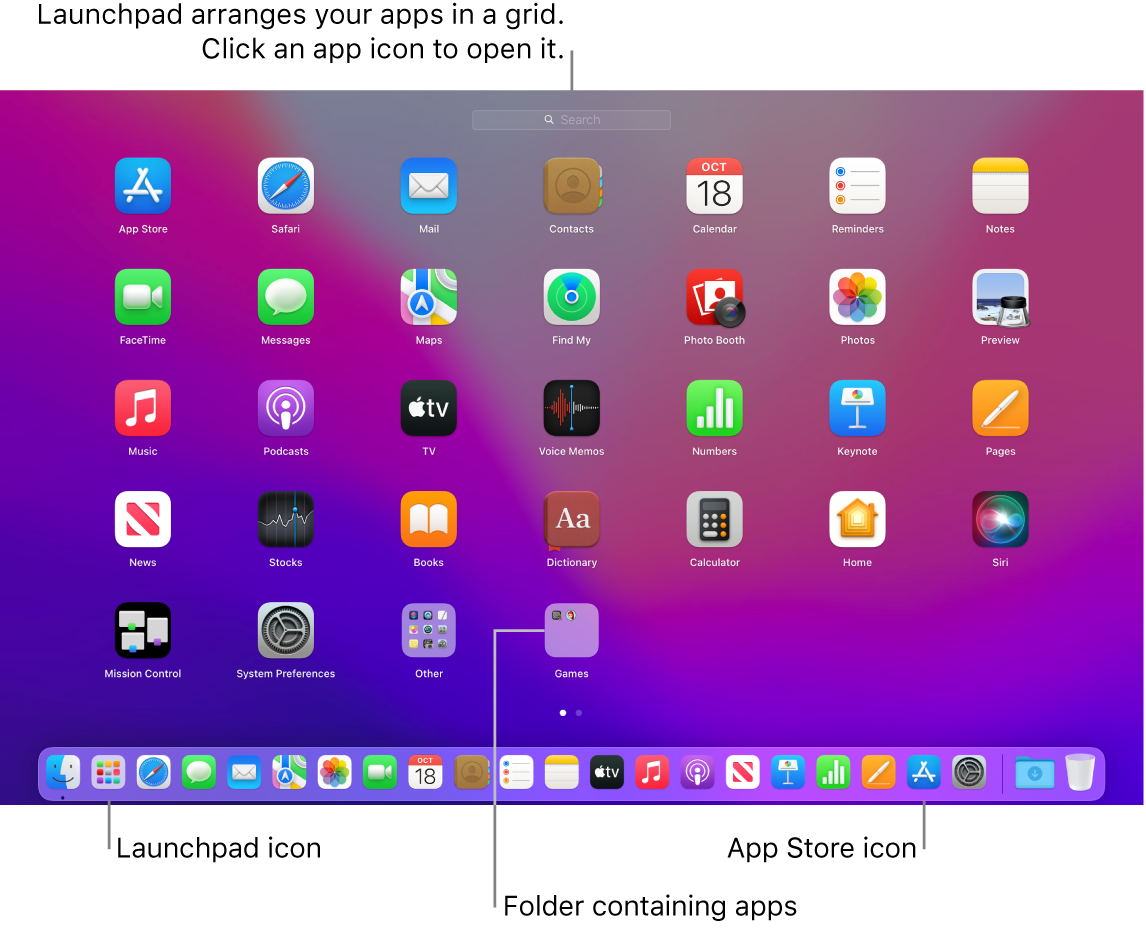 A Mac screen with Launchpad open, showing a folder of apps in Launchpad, and the Launchpad icon and App Store icons in the Dock.