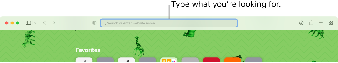 A cropped Safari window with a callout to the search field at the top of the window.