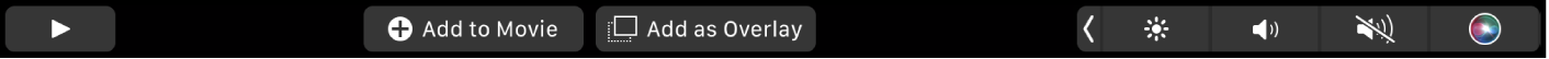The iMovie Touch Bar showing buttons for favorite, delete, play, add to movie, and add as overlay.