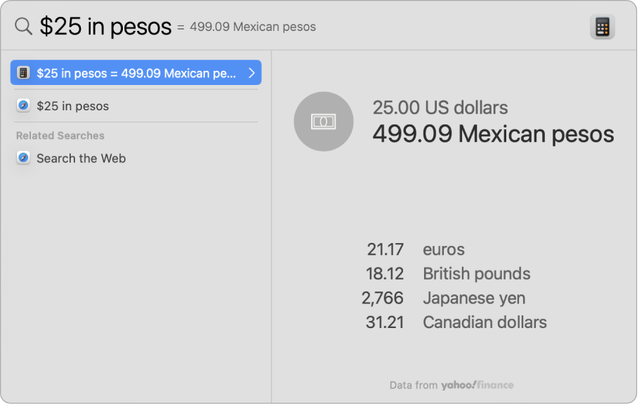 A screenshot showing dollars converted to pesos, with a top hit showing the conversion and several other selectable results.