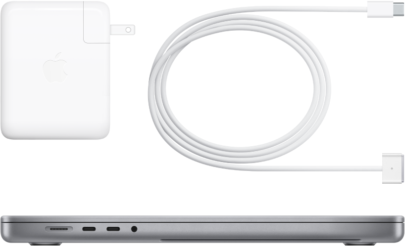 Side view of 16-inch MacBook Pro with accompanying accessories.