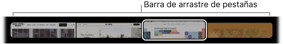 La barra de arrastre de pestañas de Touch Bar de Safari mostrando una pequeña previsualización de cada pestaña abierta.
