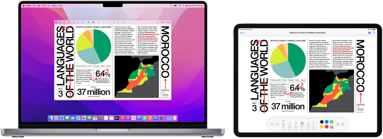 Una MacBook Pro y un iPad lado a lado. Ambas pantallas muestran un artículo cubierto de ediciones rojas escritas a mano, como oraciones tachadas, flechas y palabras agregadas. El iPad también tiene controles de marcado en la parte inferior de la pantalla.