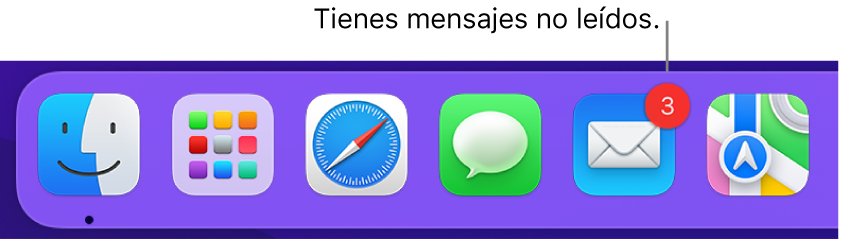 Una parte del Dock mostrando el ícono de la app Mail con un indicador que muestra la cantidad de mensajes no leídos.
