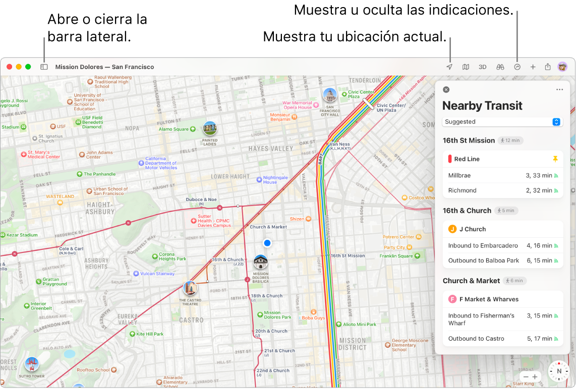 Una ventana de Mapas mostrando cómo obtener indicaciones haciendo clic en un destino en la barra lateral, cómo abrir y cerrar la barra lateral, y cómo ver tu ubicación actual en el mapa.