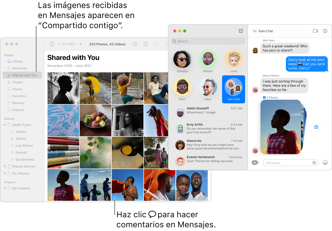 Una conversación de Mensajes a la derecha con una pila de fotos y la sección “Compartido contigo” de una ventana de Fotos que muestra fotos compartidas a través de la app Mensajes.