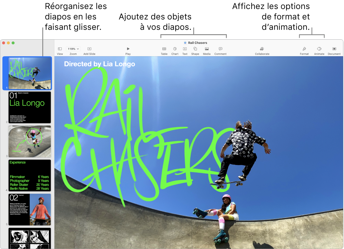 Fenêtre de Keynote affichant le navigateur de diapositives sur la gauche et comment réorganiser les diapositives, la barre d’outils et les outils d’édition en haut, le bouton Collaborer en haut à droite, et les boutons Format, Animer et Document sur la droite.