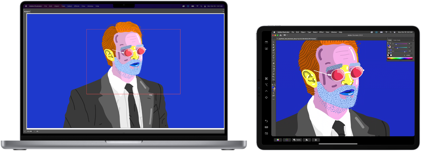 Un MacBook Pro et un iPad côte à côte. Le MacBook Pro affiche une illustration dans la fenêtre de navigateur d’Illustrator. L’iPad affiche la même illustration dans la fenêtre de document d’Illustrator, entourée par des barres d’outils.