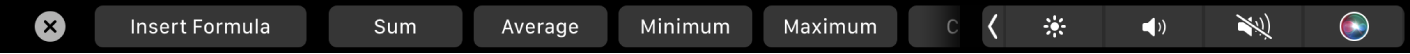 Touch Bar de Numbers affichant les boutons de formule. Cela comprend les options suivantes : Somme, Moyenne, Minimum, Maximum et Compte.