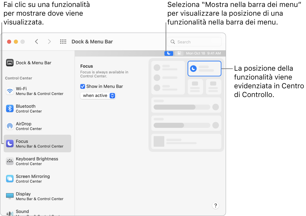 La finestra delle preferenze Dock e della barra dei menu.