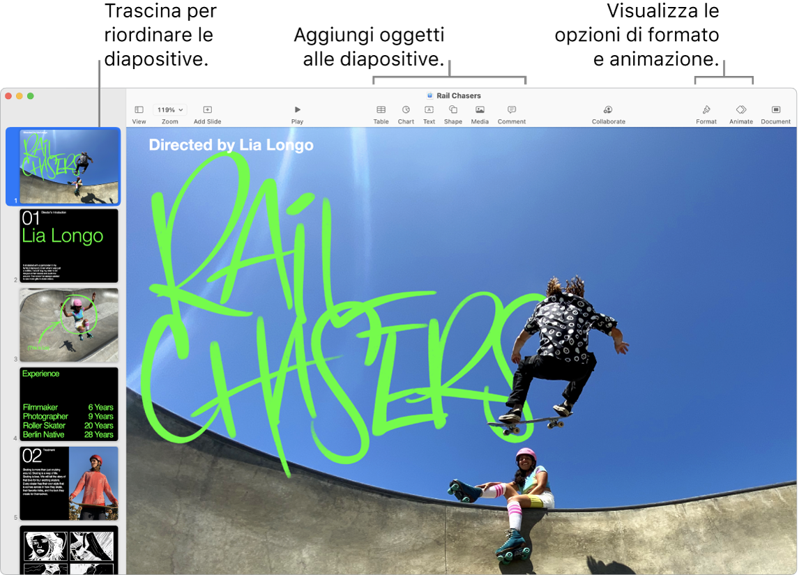 Una finestra di Keynote che mostra il navigatore diapositive a sinistra e il modo in cui riordinare le diapositive, la barra degli strumenti e i relativi strumenti di modifica in alto, il pulsante Collabora nella parte superiore destra e i pulsanti Formattazione, Animazione e Documento a destra.