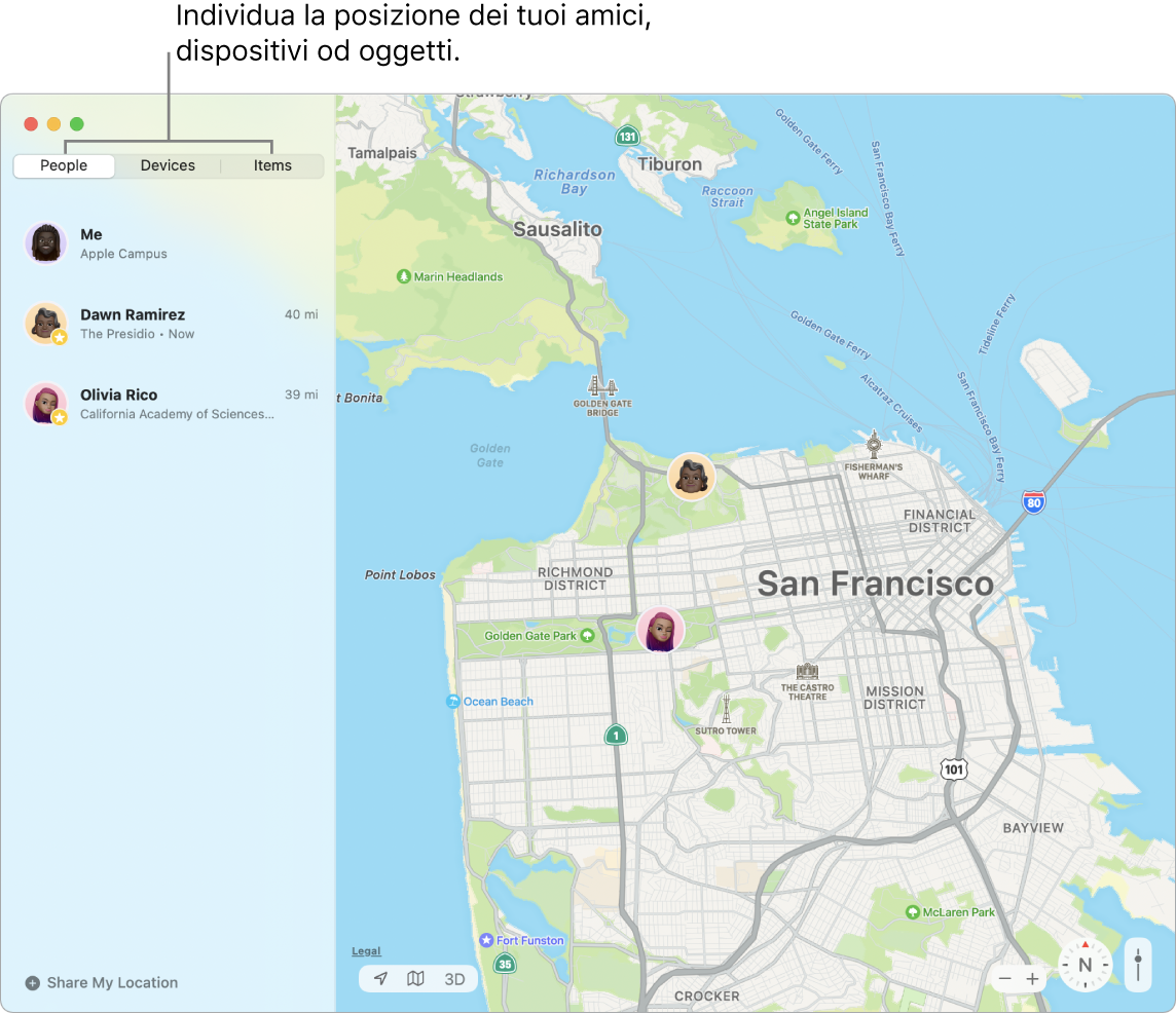 Il pannello Persone selezionato sulla sinistra e una mappa di San Francisco a destra con la posizione di tre amici.