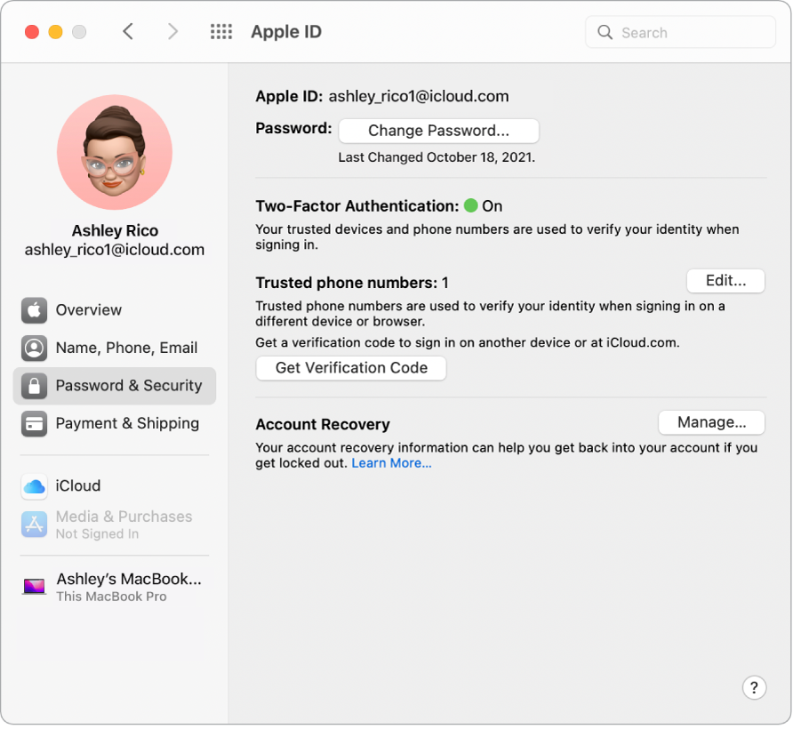 „Apple ID“ dalis „Password and Security“ skiltyje „System Preferences“. Spustelėkite „Manage“, kad nustatytumėte „Account Recovery“.