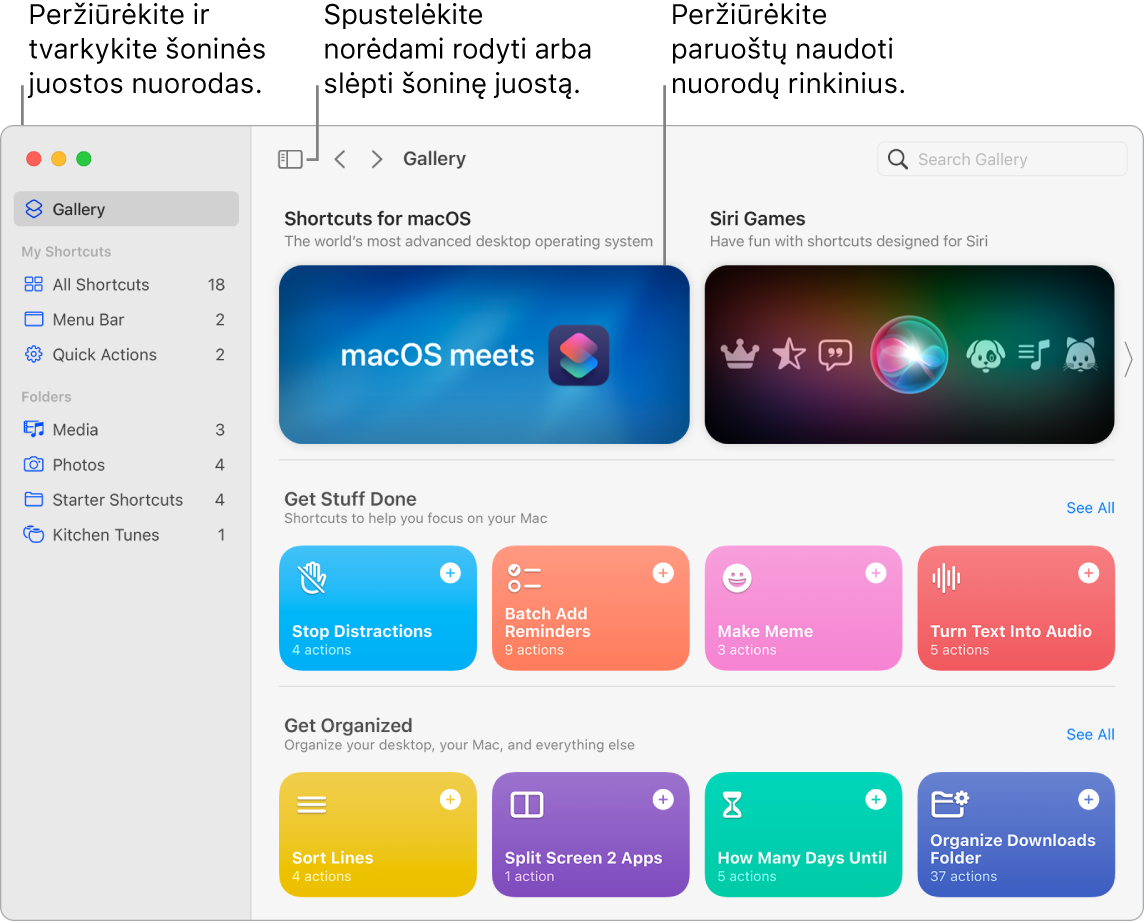 Kairėje atidarytas langas „Shortcuts“ su šonine juosta, o dešinėje – „Gallery“. Mygtukas „Sidebar“ ir naršymo rodyklės yra viršuje kairėje virš „Gallery“, o paieškos laukas – viršuje dešinėje.