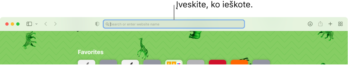 Apkarpytas „Safari“ langas su išnaša į paieškos lauką lango viršuje.