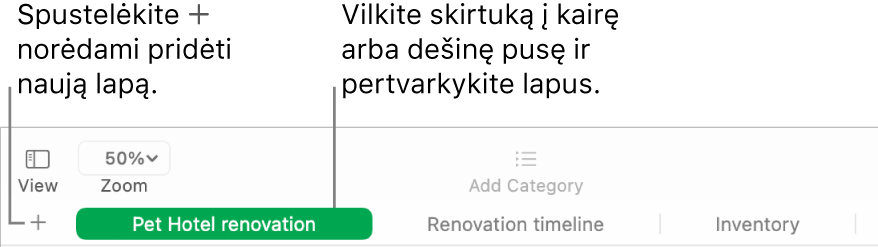 „Numbers“ langas, rodantis, kaip įtraukti naują lapą ir kaip pertvarkyti lapus.