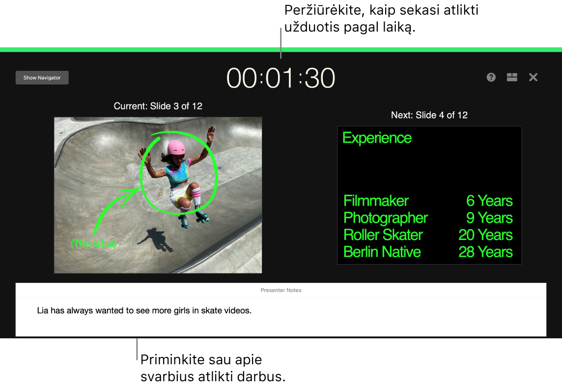 „Keynote“ langas, kuriame rodoma funkcija „Rehearse Slideshow“.