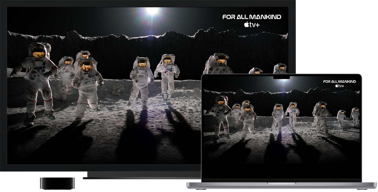 „MacBook Pro“ turinys, bendrinamas dideliame HDTV naudojant „Apple TV“.