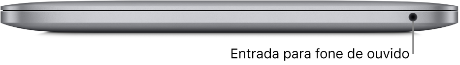 Vista da lateral direita de um MacBook Pro com chip M1 da Apple, com uma chamada para o conector de fones de ouvido de 3,5 mm.