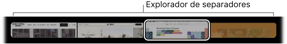 O explorador de separadores na Touch Bar do Safari. Mostra uma pequena pré-visualização de cada separador aberto.