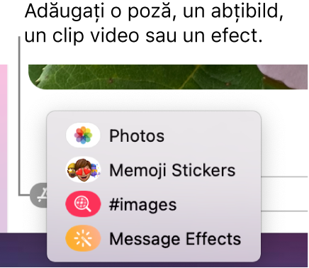 Meniul Aplicații cu opțiuni pentru afișarea pozelor, abțibilduri Memoji, GIF‑uri și efecte pentru mesaje.