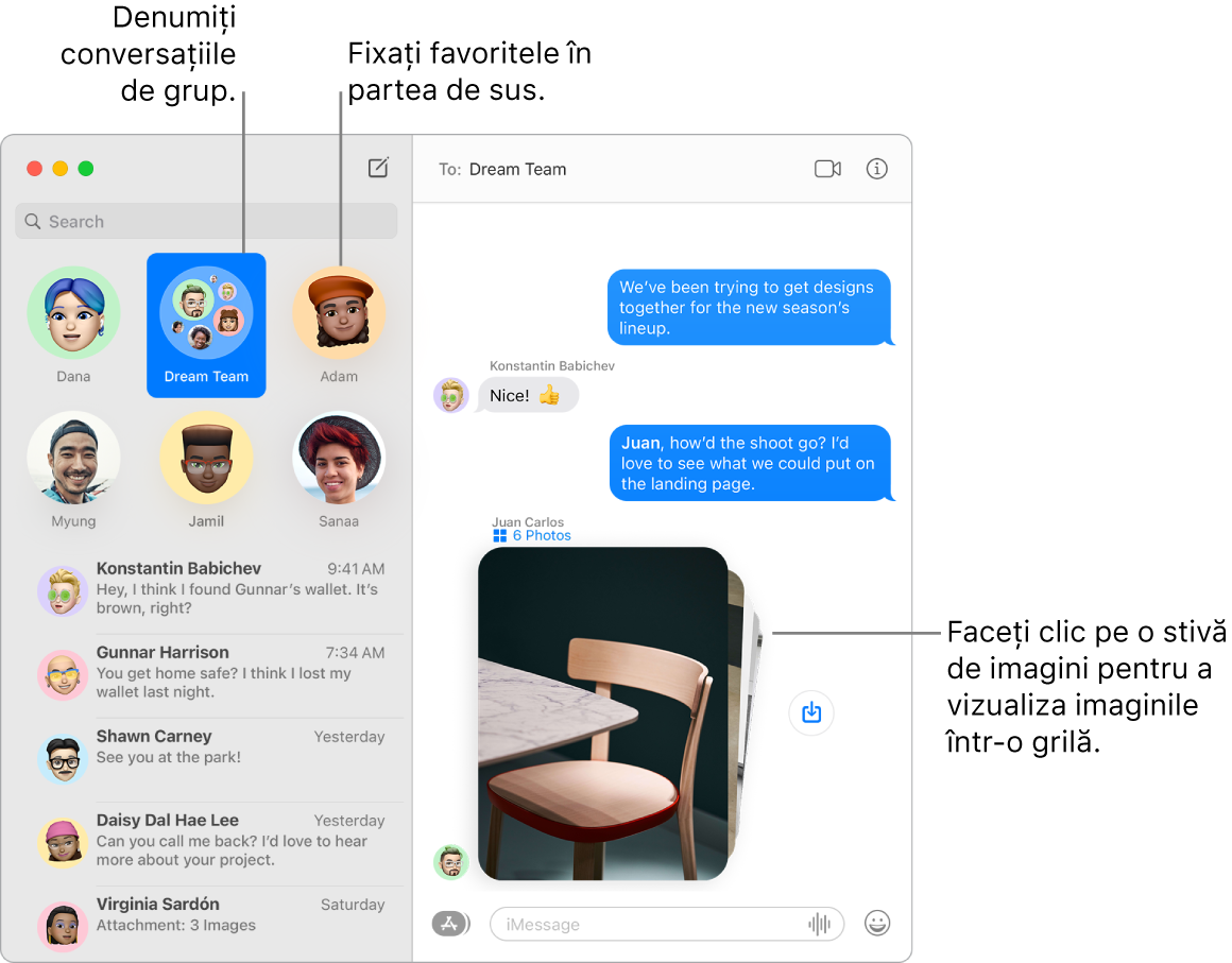 O fereastră Mesaje cu un chat de grup și chaturi individuale fixate în partea de sus a coloanei din stânga. În chatul din dreapta se află o stivă cu șase poze cu un buton Salvați poza în dreptul său.