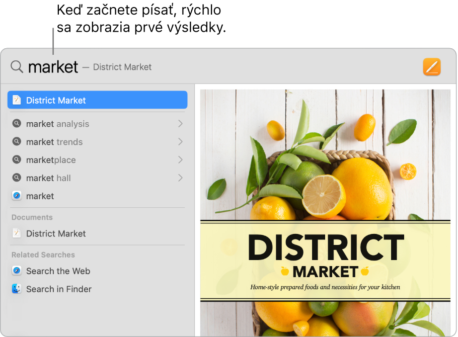 Okno Spotlightu s výsledkami vyhľadávania naľavo.